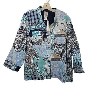 NWT Chico's Reversible Linen Jacket Kings Navy Mixed Print Paisley Women's XL